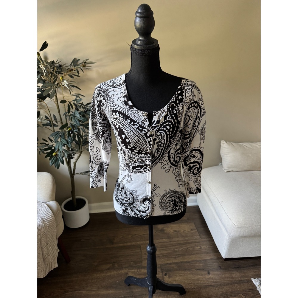 White House Black Market Paisley Cardigan Sweater Black White XS 3/4 Sleeve